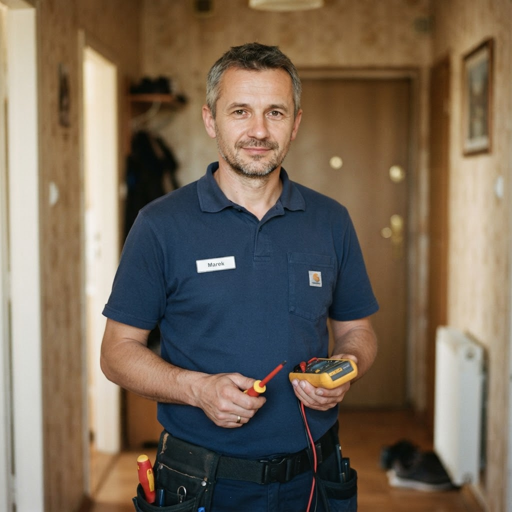 Portret elektryka w mieszkaniu klienta